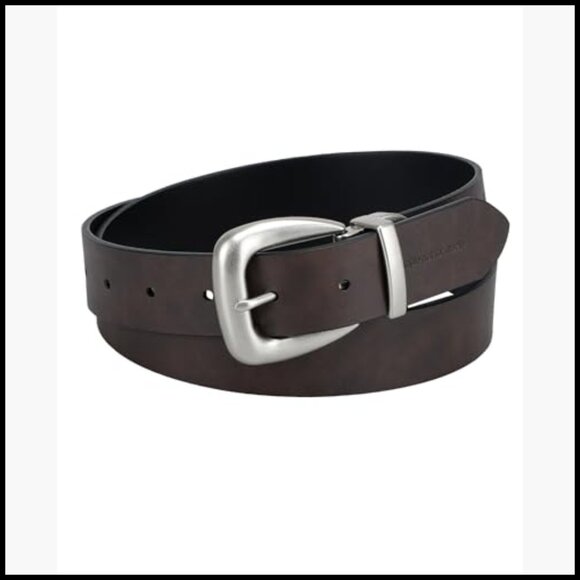 Reversible Leather and PU Belt with Western Buckle, Adjustable Fit